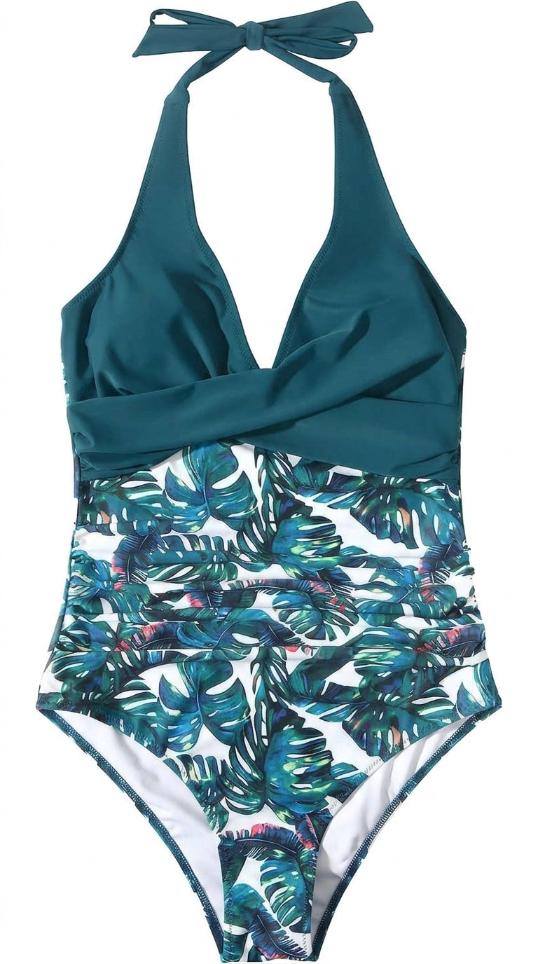 De mujer bañador de una pieza con cuello halter y escote en V cruzado-Swimwear for women-Casaluzia