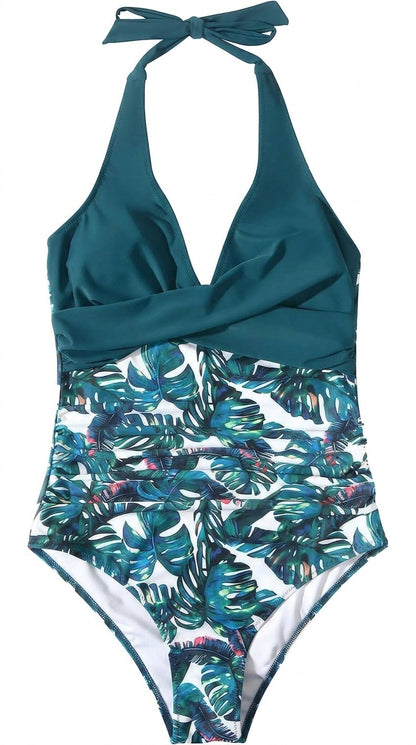 De mujer bañador de una pieza con cuello halter y escote en V cruzado-Swimwear for women-Casaluzia