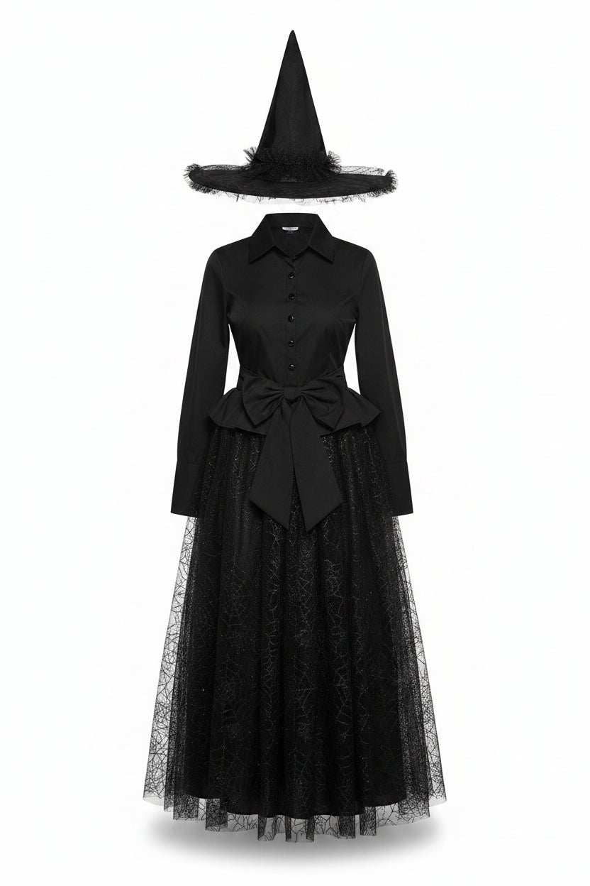 Disfraz de bruja para mujer con falda de telaraña y sombrero-Halloween-Casaluzia
