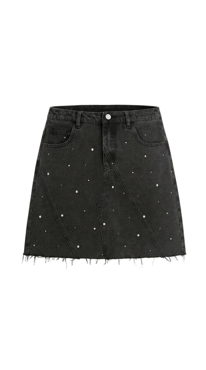 Falda mini de mujer en denim con paneles frontales, cierre de botón y bajo sin rematar-Skirt for women-Casaluzia
