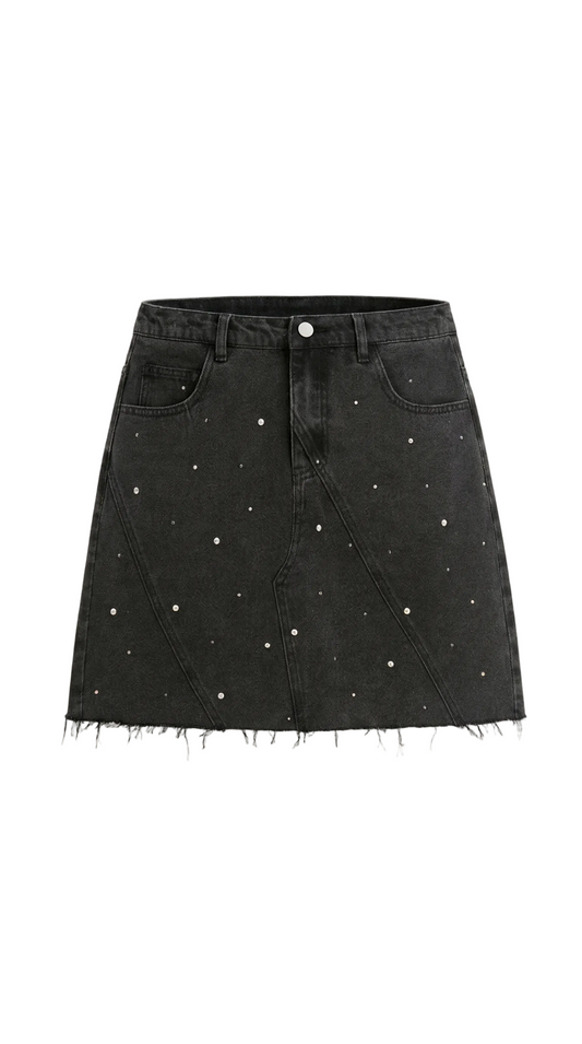 Falda mini de mujer en denim con paneles frontales, cierre de botón y bajo sin rematar-Skirt for women-Casaluzia