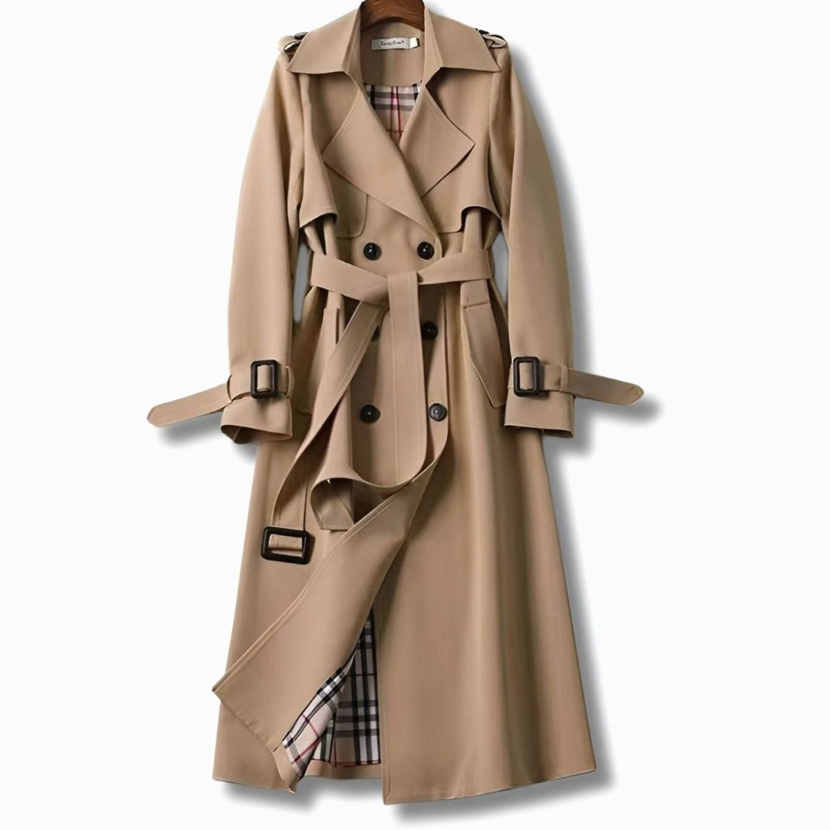 Gabardina larga para mujer con cinturón y forro de cuadros-Coats for women-Casaluzia