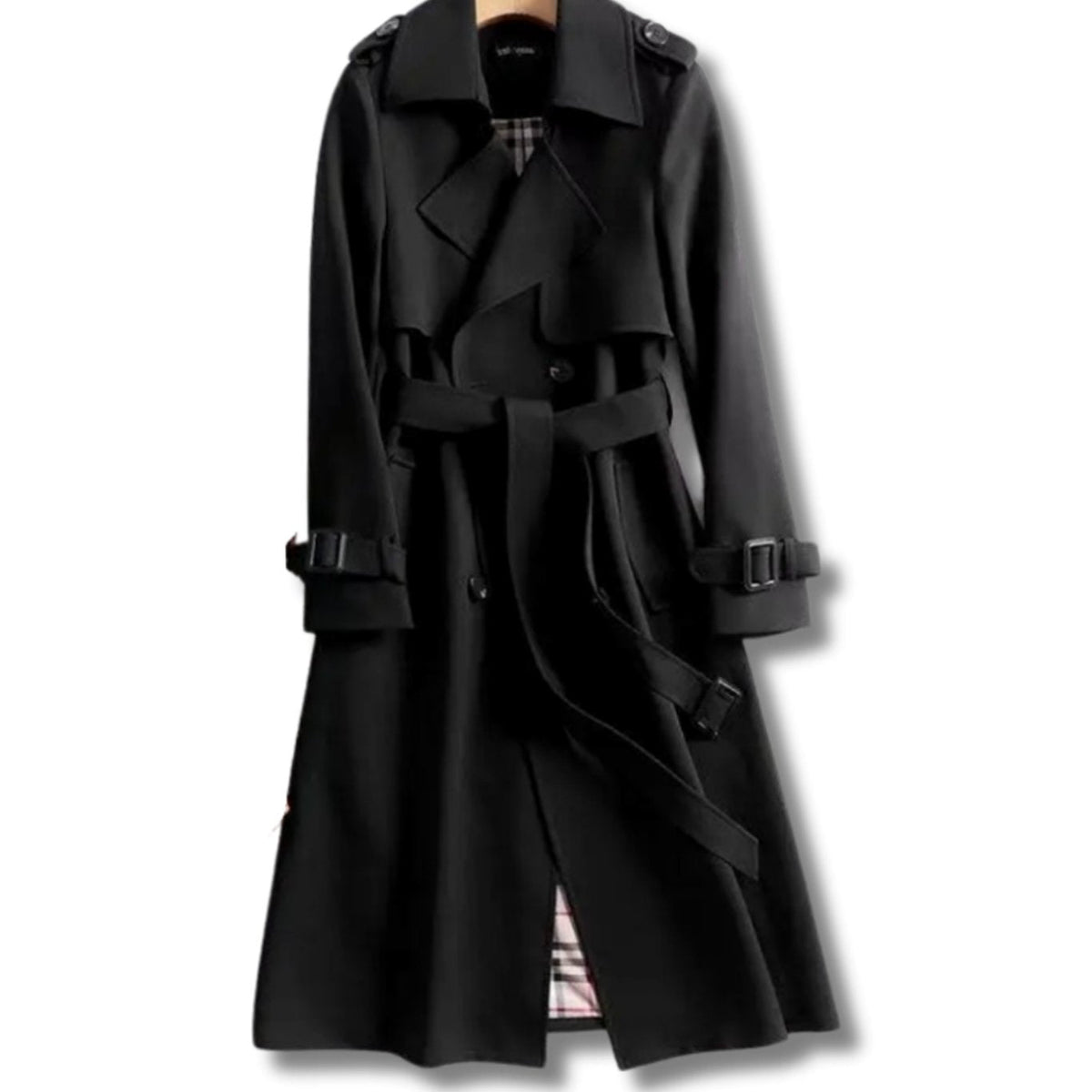 Gabardina larga para mujer con cinturón y forro de cuadros-Coats for women-Casaluzia