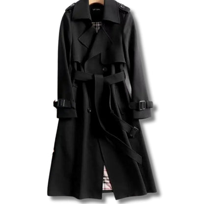 Gabardina larga para mujer con cinturón y forro de cuadros-Coats for women-Casaluzia