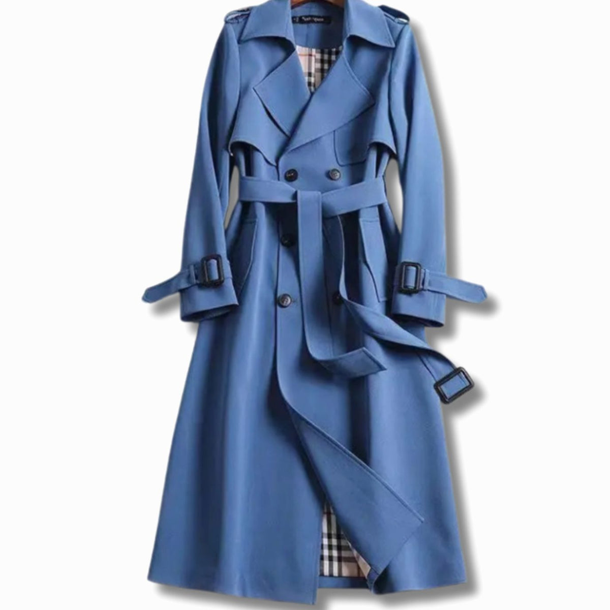 Gabardina larga para mujer con cinturón y forro de cuadros-Coats for women-Casaluzia