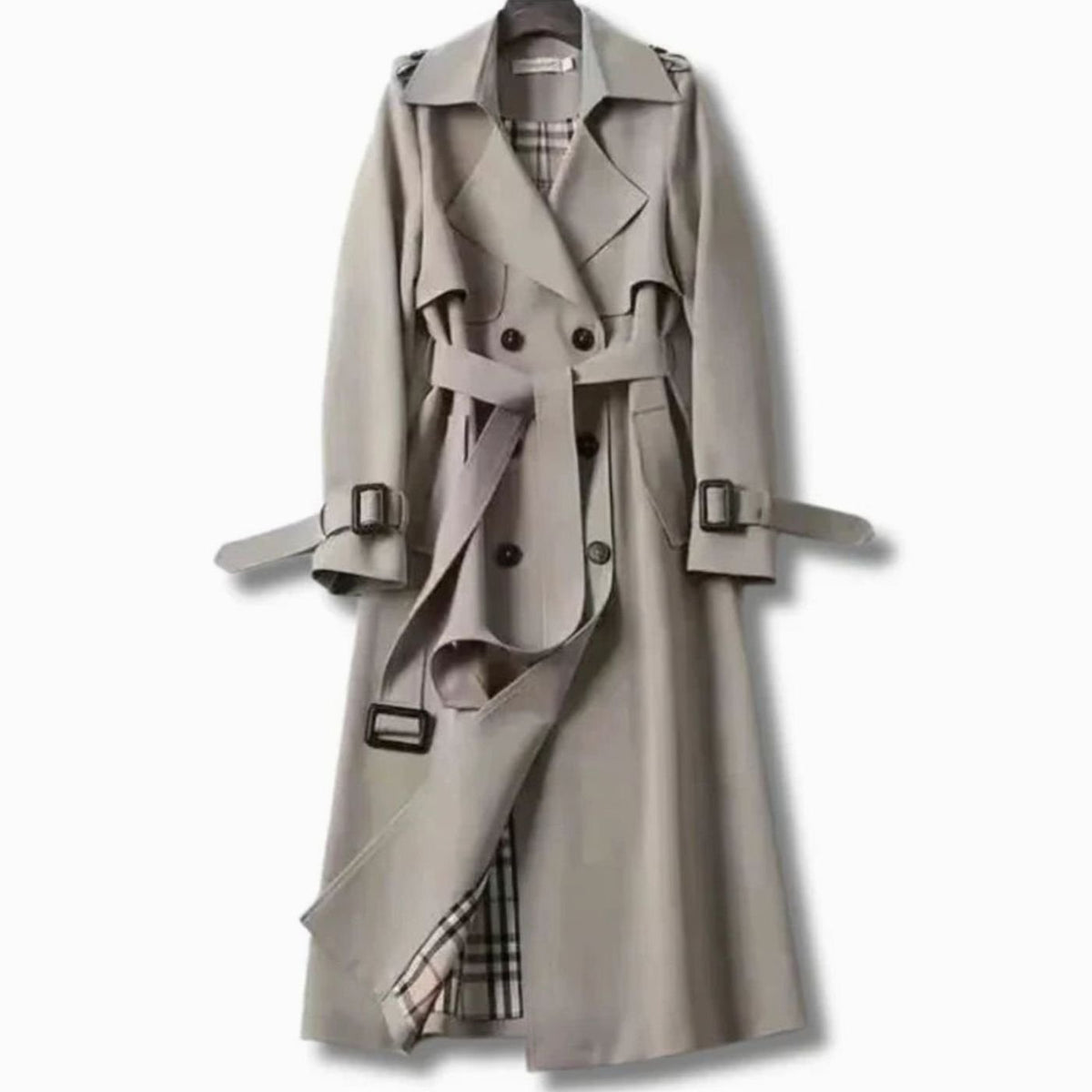 Gabardina larga para mujer con cinturón y forro de cuadros-Coats for women-Casaluzia