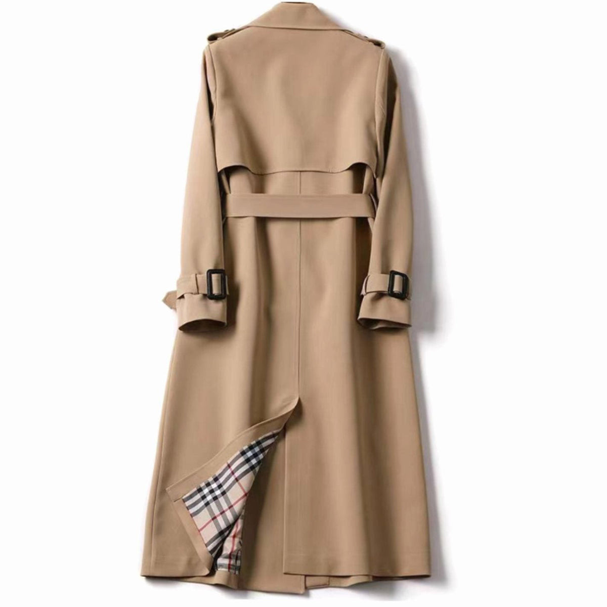 Gabardina larga para mujer con cinturón y forro de cuadros-Coats for women-Casaluzia
