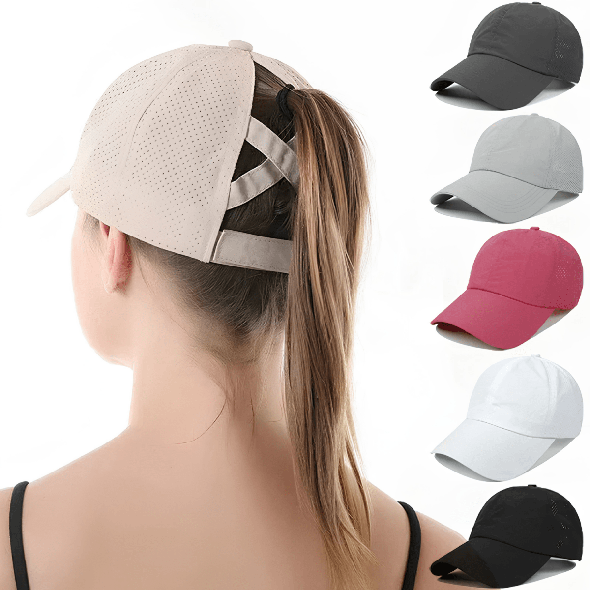 Gorra de béisbol para mujer con abertura para coleta y diseño cruzado-Accessories for Women-Casaluzia