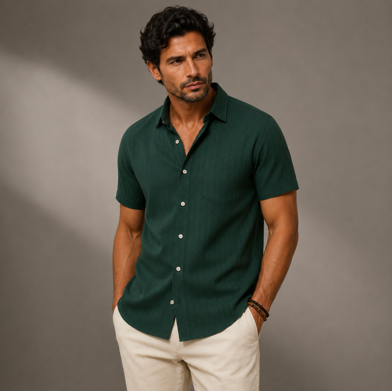 Hombre Camisa de manga corta con botones y bolsillo frontal y textura de rayas verticales-Shirts for men-Casaluzia