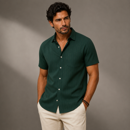 Hombre Camisa de manga corta con botones y bolsillo frontal y textura de rayas verticales-Shirts for men-Casaluzia