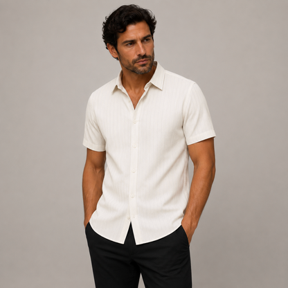Hombre Camisa de manga corta con botones y bolsillo frontal y textura de rayas verticales-Shirts for men-Casaluzia