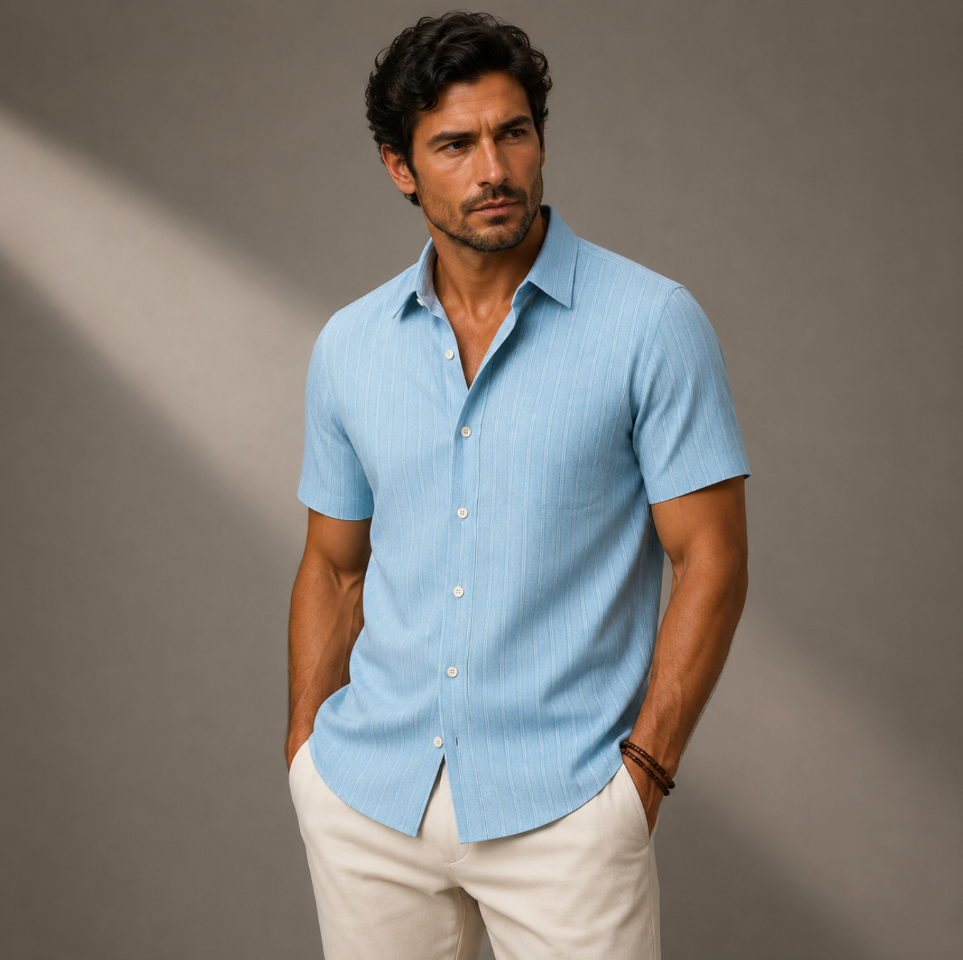 Hombre Camisa de manga corta con botones y bolsillo frontal y textura de rayas verticales-Shirts for men-Casaluzia
