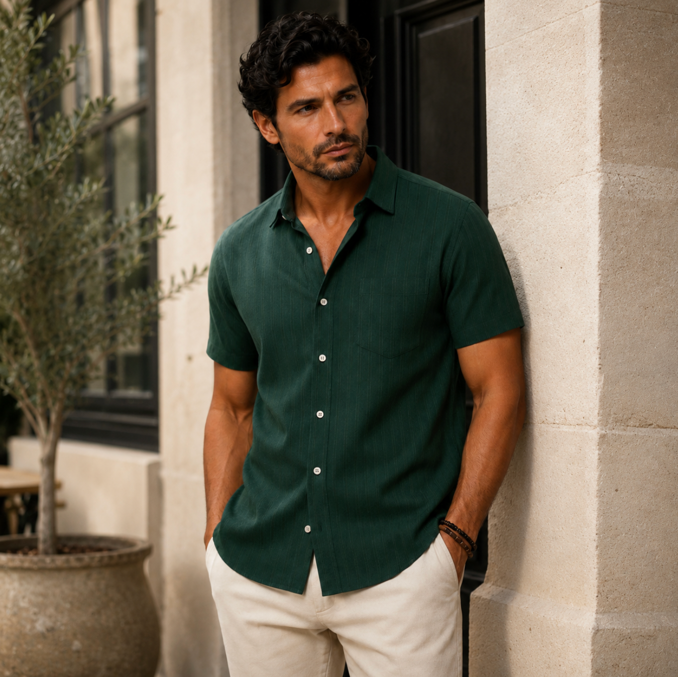 Hombre Camisa de manga corta con botones y bolsillo frontal y textura de rayas verticales-Shirts for men-Casaluzia