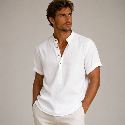 Hombre Camisa de manga corta con cuello mao y cierre parcial de botones-Shirts for men-Casaluzia