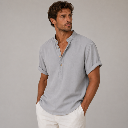 Hombre Camisa de manga corta con cuello mao y cierre parcial de botones-Shirts for men-Casaluzia