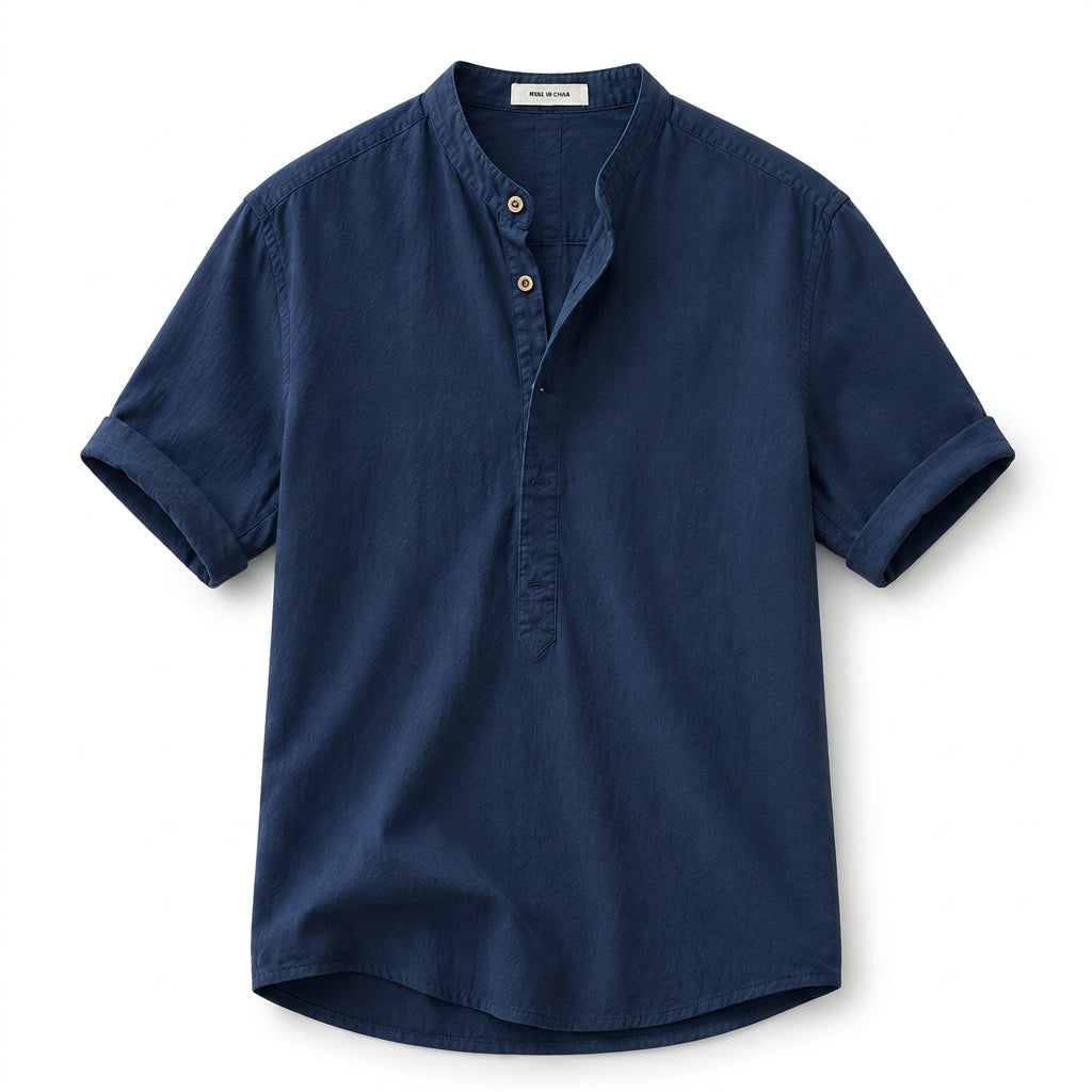 Hombre Camisa de manga corta con cuello mao y cierre parcial de botones-Shirts for men-Casaluzia
