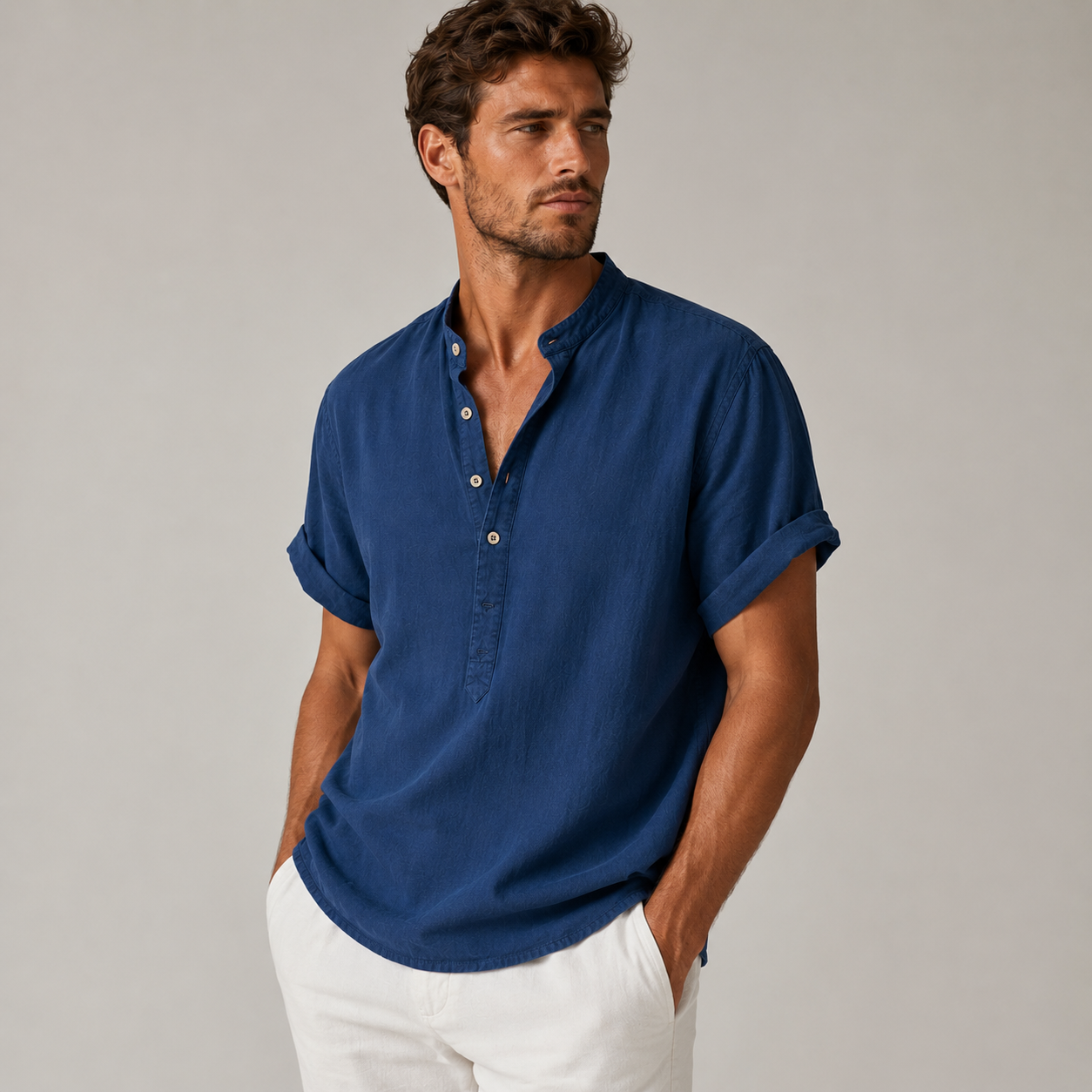 Hombre Camisa de manga corta con cuello mao y cierre parcial de botones-Shirts for men-Casaluzia