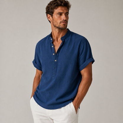 Hombre Camisa de manga corta con cuello mao y cierre parcial de botones-Shirts for men-Casaluzia