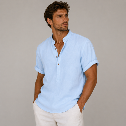 Hombre Camisa de manga corta con cuello mao y cierre parcial de botones-Shirts for men-Casaluzia
