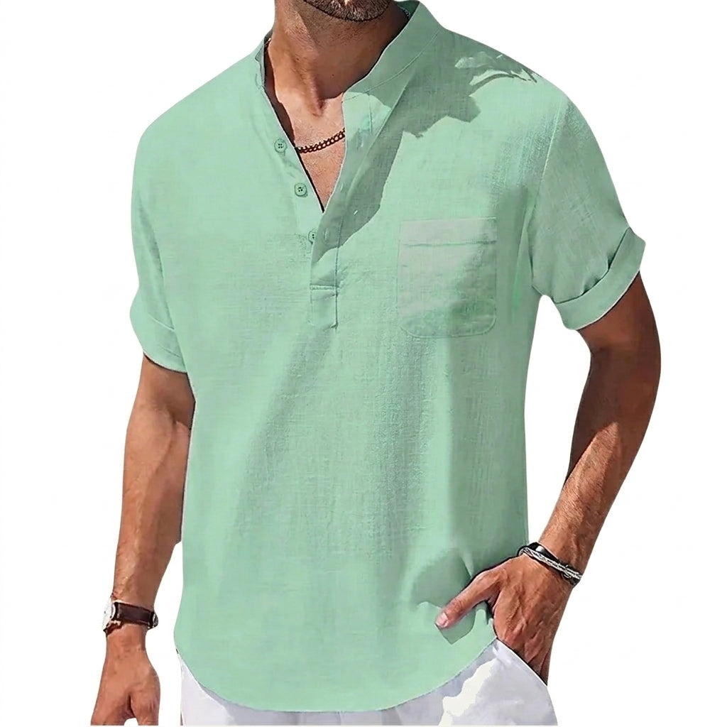 Hombre Camisa Henley Manga Corta Cuello Mandarín Bolsillo Frontal Bajo Curvado-Shirts for men-Casaluzia