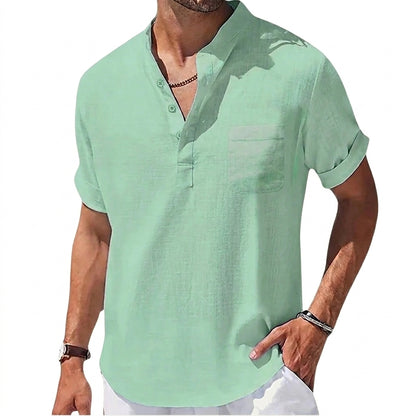 Hombre Camisa Henley Manga Corta Cuello Mandarín Bolsillo Frontal Bajo Curvado-Shirts for men-Casaluzia