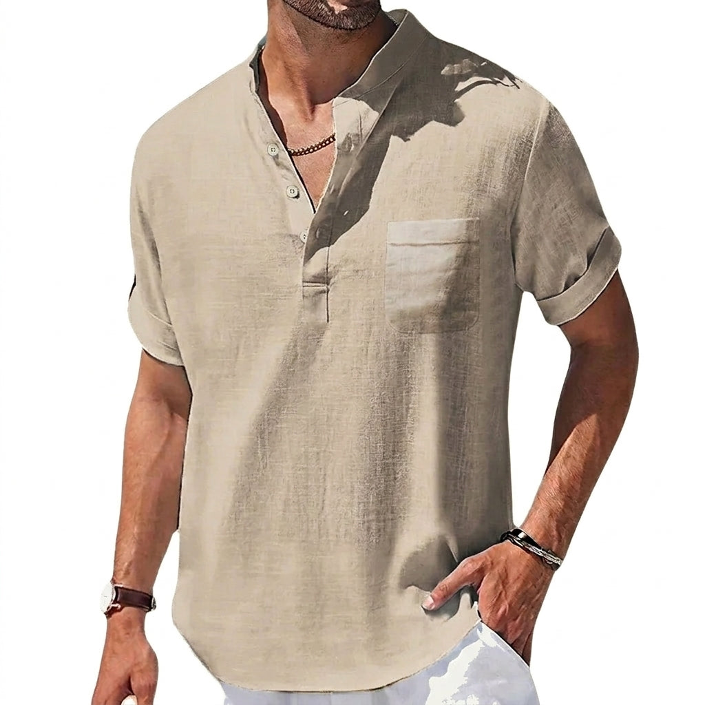 Hombre Camisa Henley Manga Corta Cuello Mandarín Bolsillo Frontal Bajo Curvado-Shirts for men-Casaluzia
