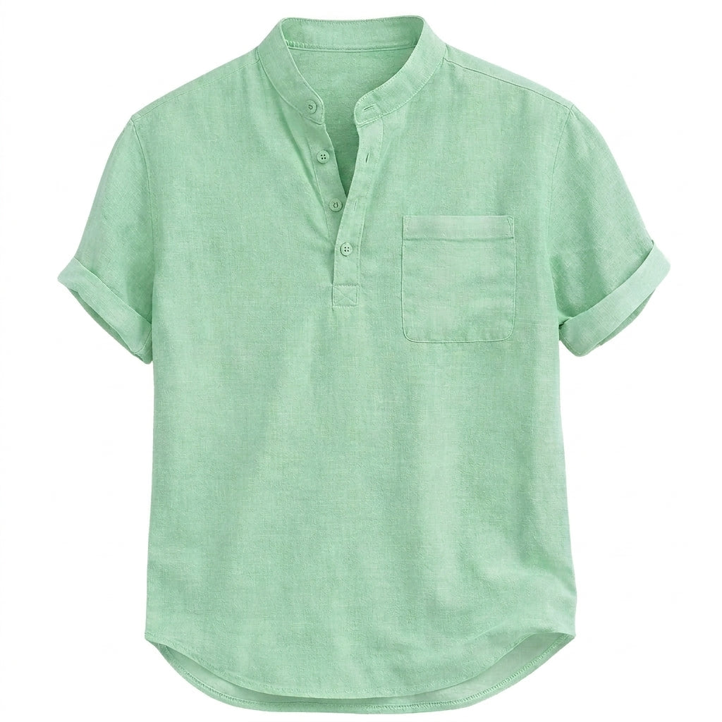 Hombre Camisa Henley Manga Corta Cuello Mandarín Bolsillo Frontal Bajo Curvado-Shirts for men-Casaluzia