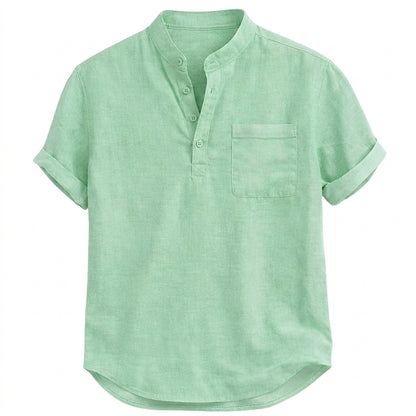 Hombre Camisa Henley Manga Corta Cuello Mandarín Bolsillo Frontal Bajo Curvado-Shirts for men-Casaluzia