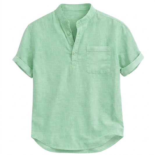 Hombre Camisa Henley Manga Corta Cuello Mandarín Bolsillo Frontal Bajo Curvado-Shirts for men-Casaluzia