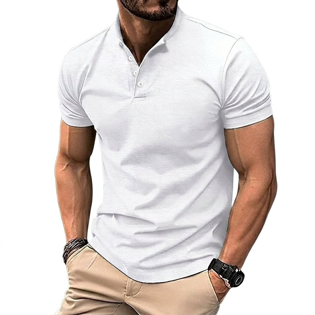 Hombre Camiseta de Manga Corta con Cuello Mao y Tapeta de Botones-Shirts for women-Casaluzia