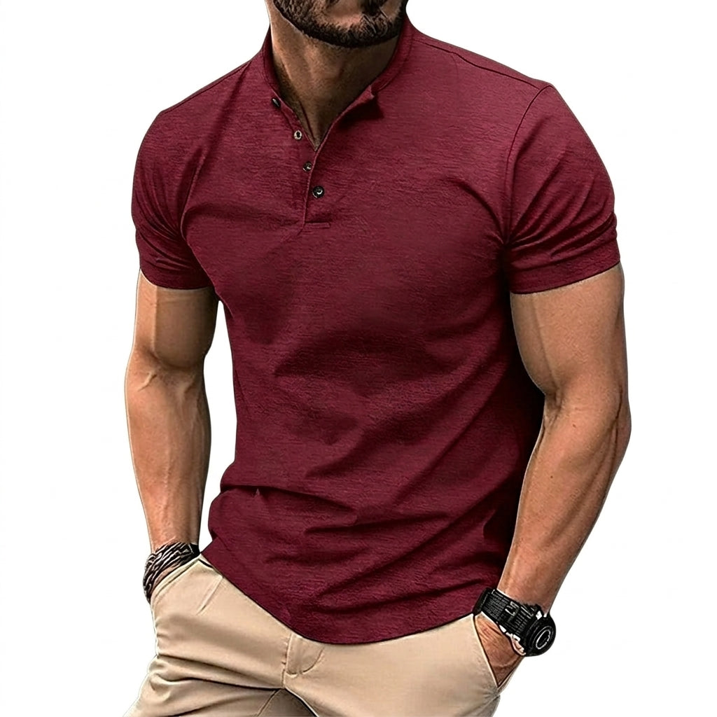 Hombre Camiseta de Manga Corta con Cuello Mao y Tapeta de Botones-Shirts for women-Casaluzia