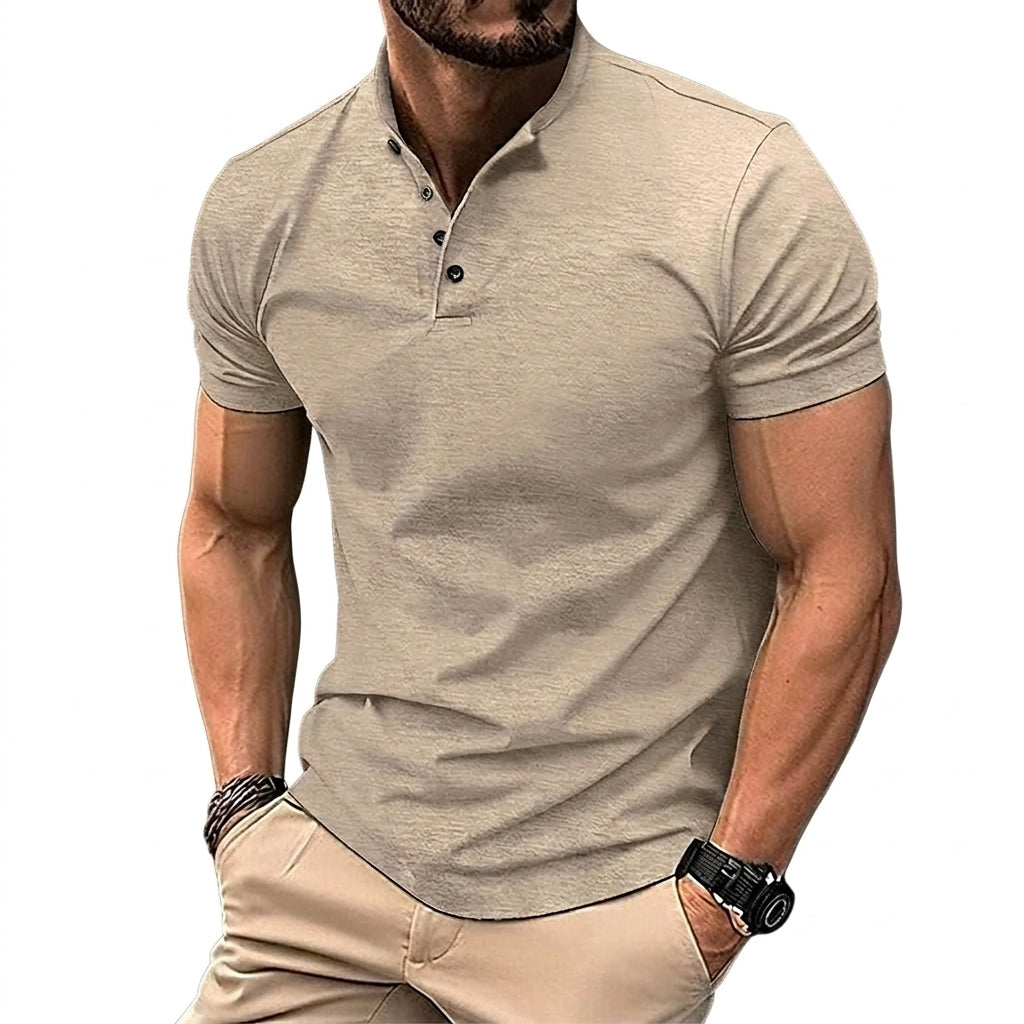 Hombre Camiseta de Manga Corta con Cuello Mao y Tapeta de Botones-Shirts for women-Casaluzia