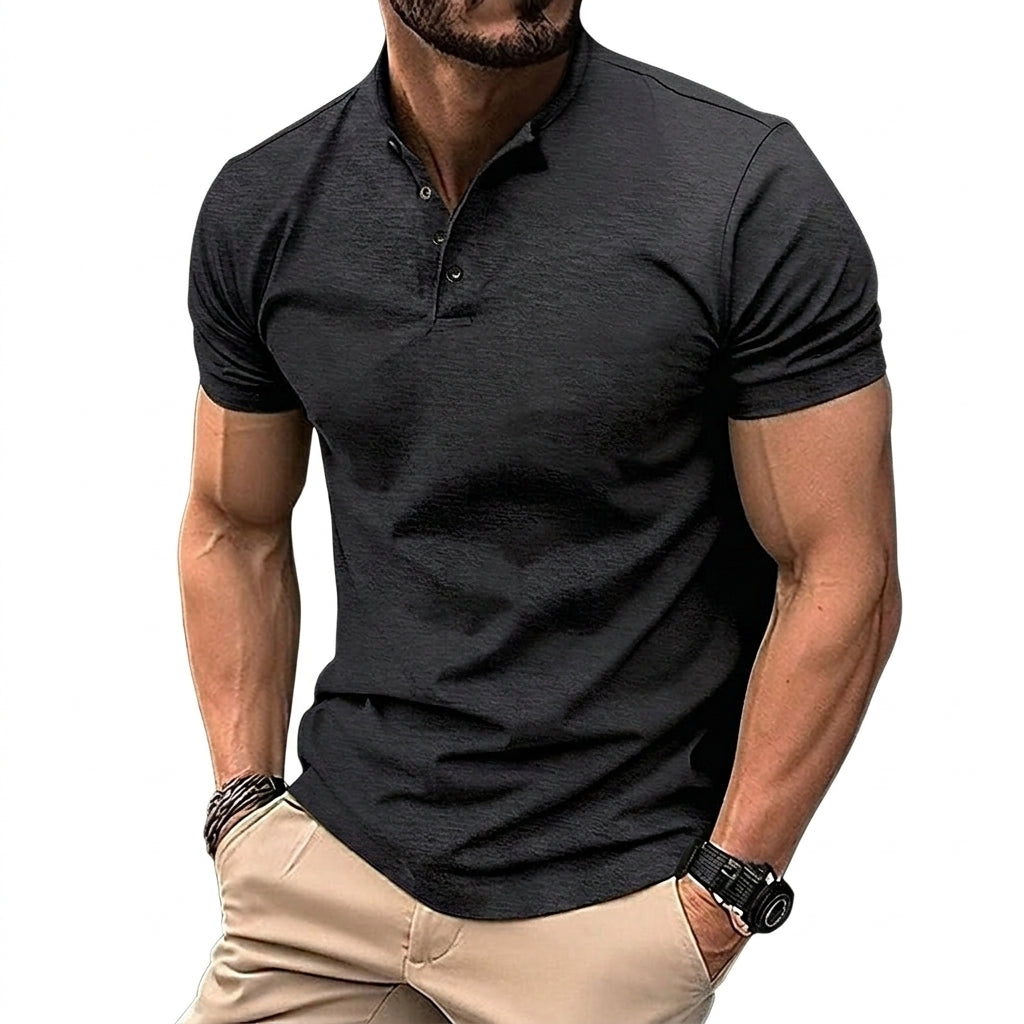 Hombre Camiseta de Manga Corta con Cuello Mao y Tapeta de Botones-Shirts for women-Casaluzia