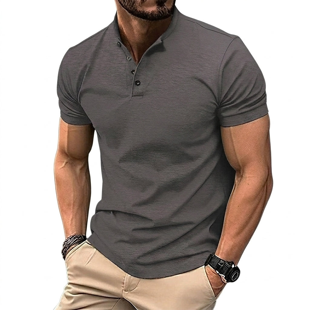Hombre Camiseta de Manga Corta con Cuello Mao y Tapeta de Botones-Shirts for women-Casaluzia