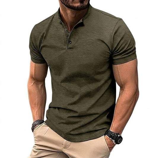 Hombre Camiseta de Manga Corta con Cuello Mao y Tapeta de Botones-Shirts for women-Casaluzia