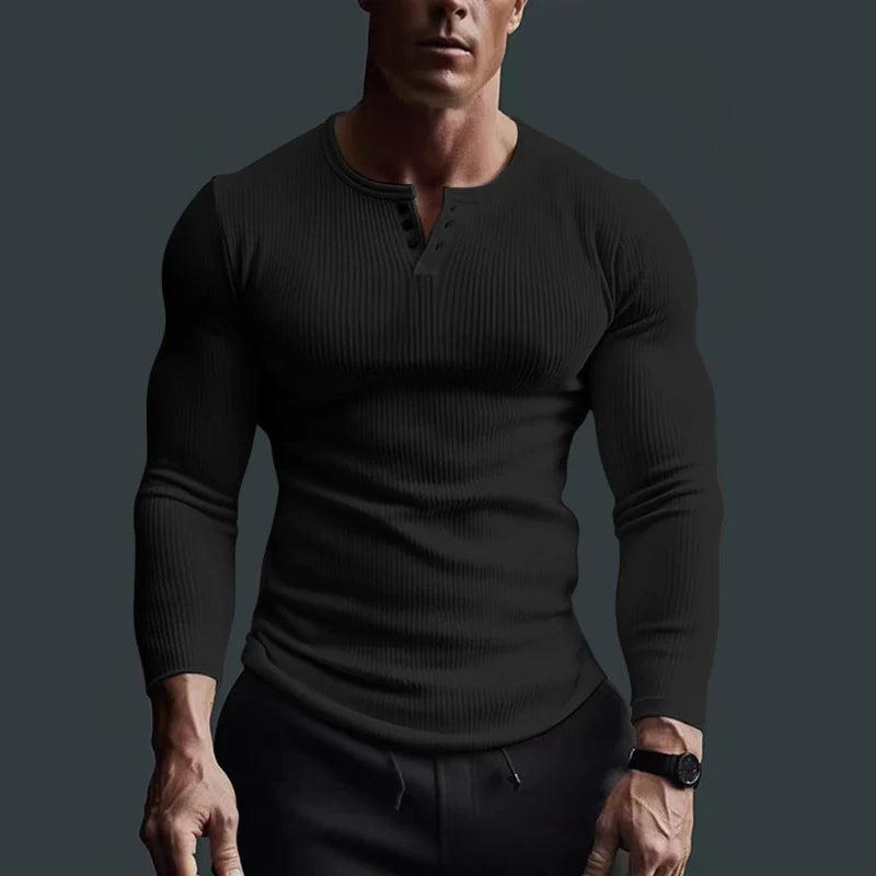 Hombre Camiseta de Manga Larga con Cuello Redondo, Botonadura Parcial y Estructura Acanalada-t-shirt for men-Casaluzia