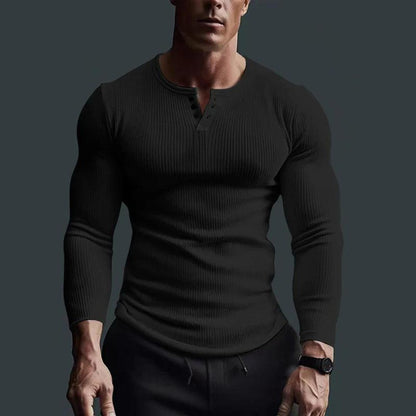 Hombre Camiseta de Manga Larga con Cuello Redondo, Botonadura Parcial y Estructura Acanalada-t-shirt for men-Casaluzia