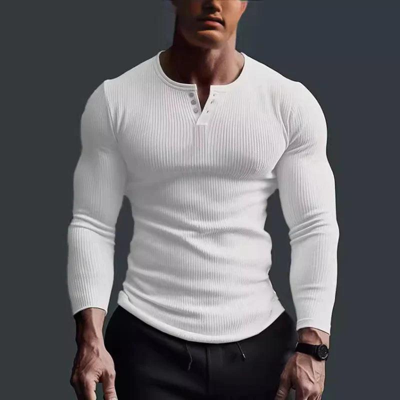 Hombre Camiseta de Manga Larga con Cuello Redondo, Botonadura Parcial y Estructura Acanalada-t-shirt for men-Casaluzia