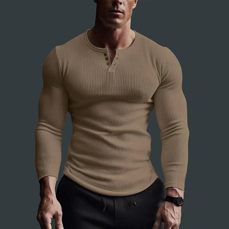 Hombre Camiseta de Manga Larga con Cuello Redondo, Botonadura Parcial y Estructura Acanalada-t-shirt for men-Casaluzia