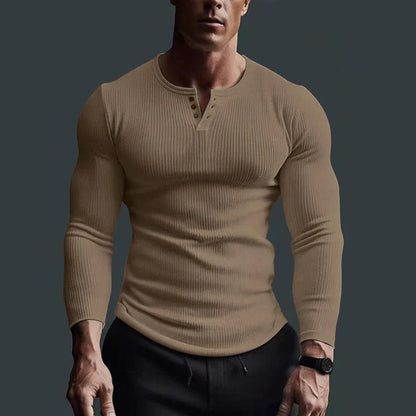 Hombre Camiseta de Manga Larga con Cuello Redondo, Botonadura Parcial y Estructura Acanalada-t-shirt for men-Casaluzia