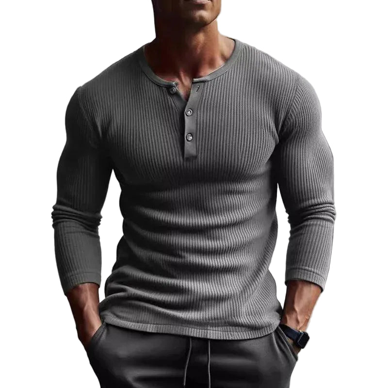 Hombre Camiseta de Manga Larga con Cuello Redondo, Botonadura Parcial y Estructura Acanalada-t-shirt for men-Casaluzia