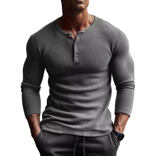 Hombre Camiseta de Manga Larga con Cuello Redondo, Botonadura Parcial y Estructura Acanalada-t-shirt for men-Casaluzia