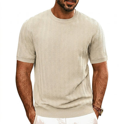 Hombre Camiseta de punto de manga corta con textura de chevrón y cuello redondo-T-shirt for men-Casaluzia