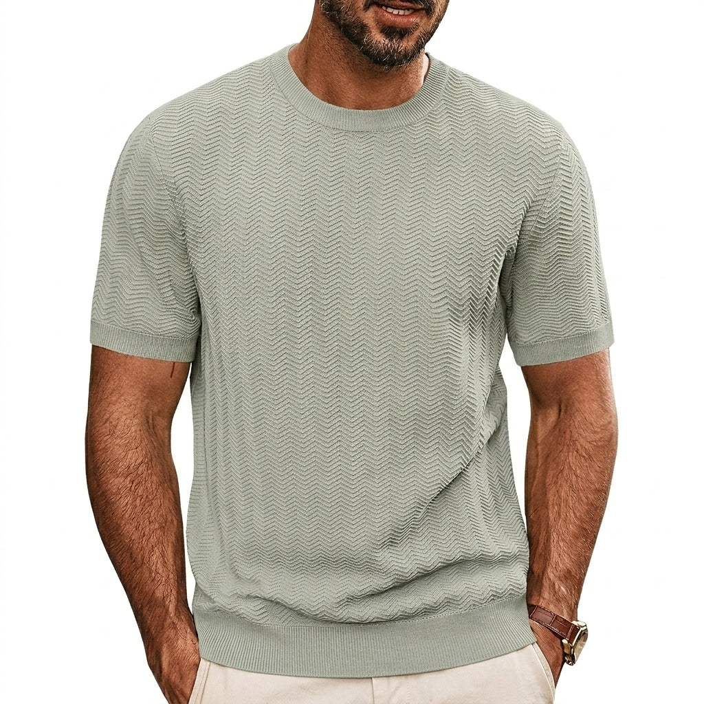 Hombre Camiseta de punto de manga corta con textura de chevrón y cuello redondo-T-shirt for men-Casaluzia