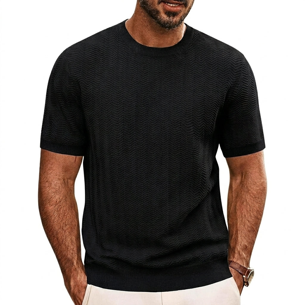 Hombre Camiseta de punto de manga corta con textura de chevrón y cuello redondo-T-shirt for men-Casaluzia