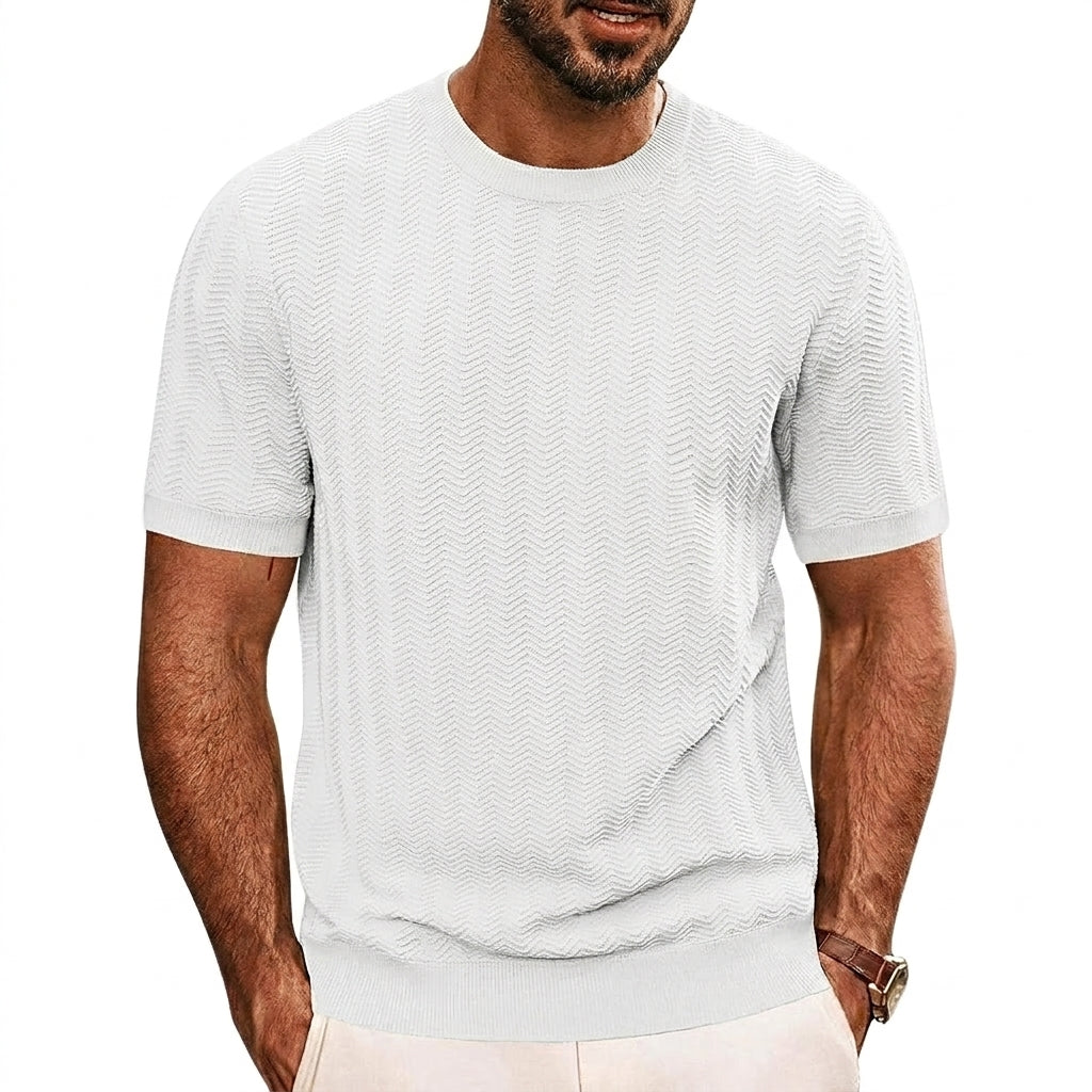 Hombre Camiseta de punto de manga corta con textura de chevrón y cuello redondo-T-shirt for men-Casaluzia