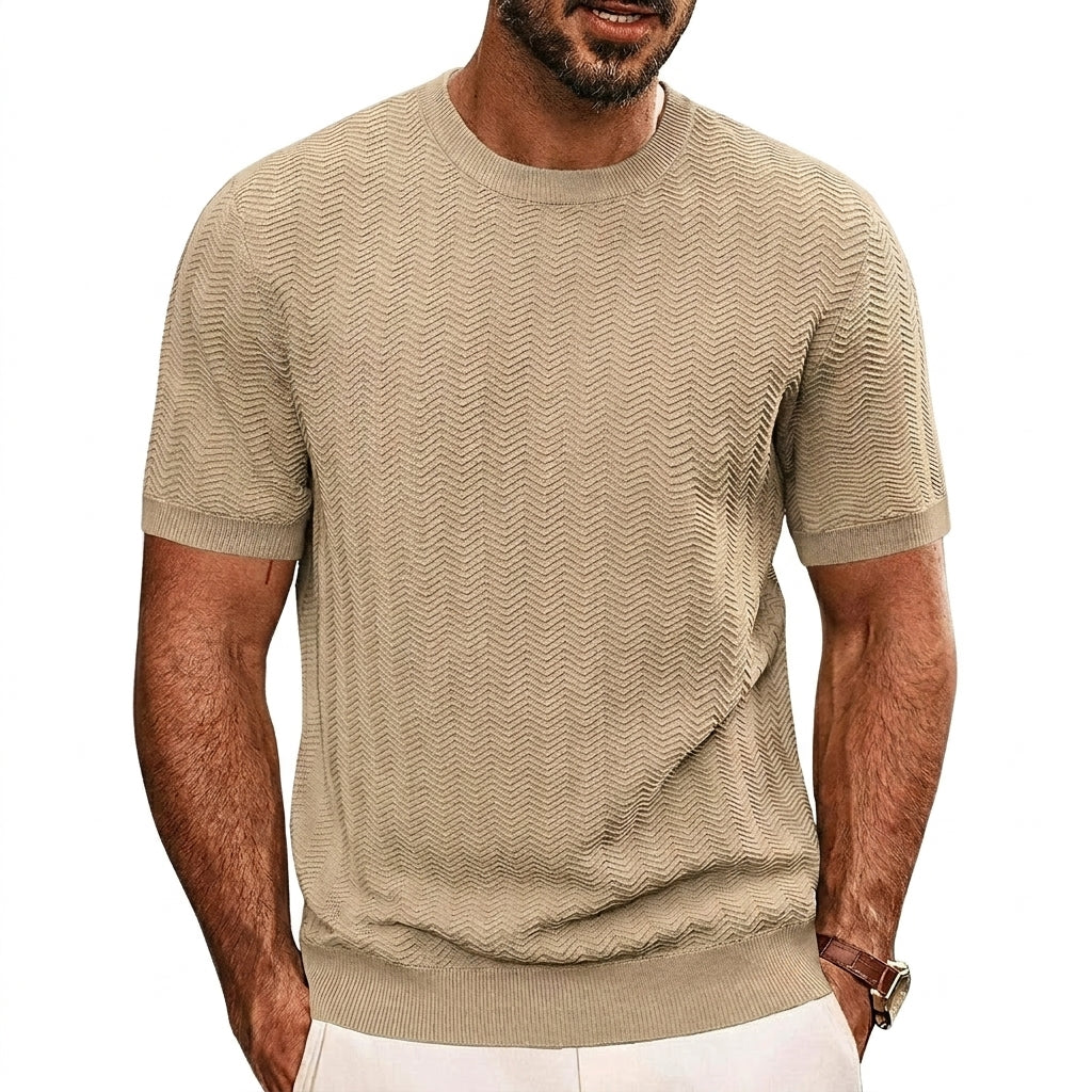 Hombre Camiseta de punto de manga corta con textura de chevrón y cuello redondo-T-shirt for men-Casaluzia