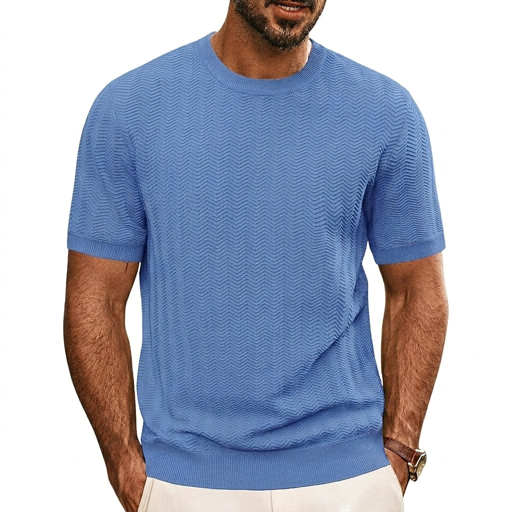 Hombre Camiseta de punto de manga corta con textura de chevrón y cuello redondo-T-shirt for men-Casaluzia