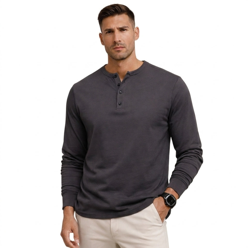 Hombre Camiseta henley de manga larga con tapeta de botones-Shirts for men-Casaluzia