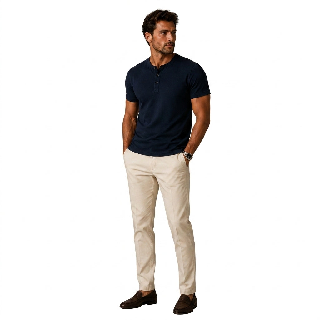 Hombre Camiseta Henley Manga Corta Cuello Redondo Tres Botones-T-shirt for men-Casaluzia